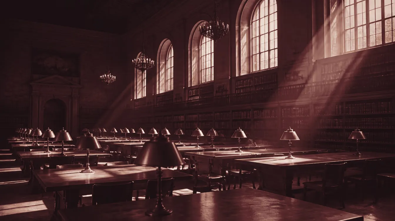 A grand university library reading room in morning light