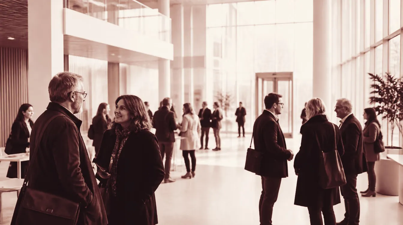 Academics arriving in a bright university conference foyer