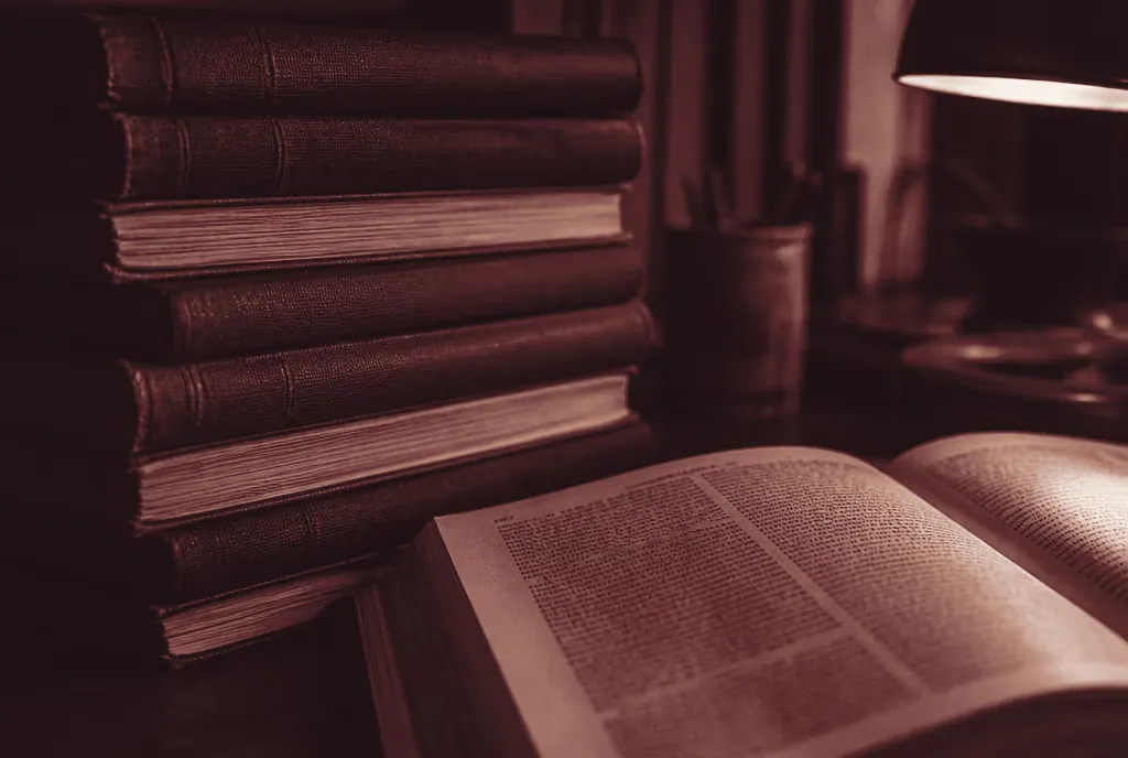 A stack of bound scholarly journals beside an open issue, under a desk lamp