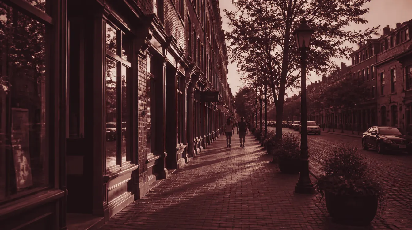 A historic red-brick street in Charlottetown, Prince Edward Island, at golden hour