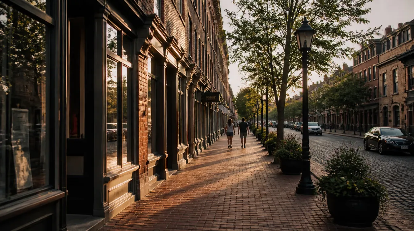 A historic red-brick street in Charlottetown at golden hour, full colour