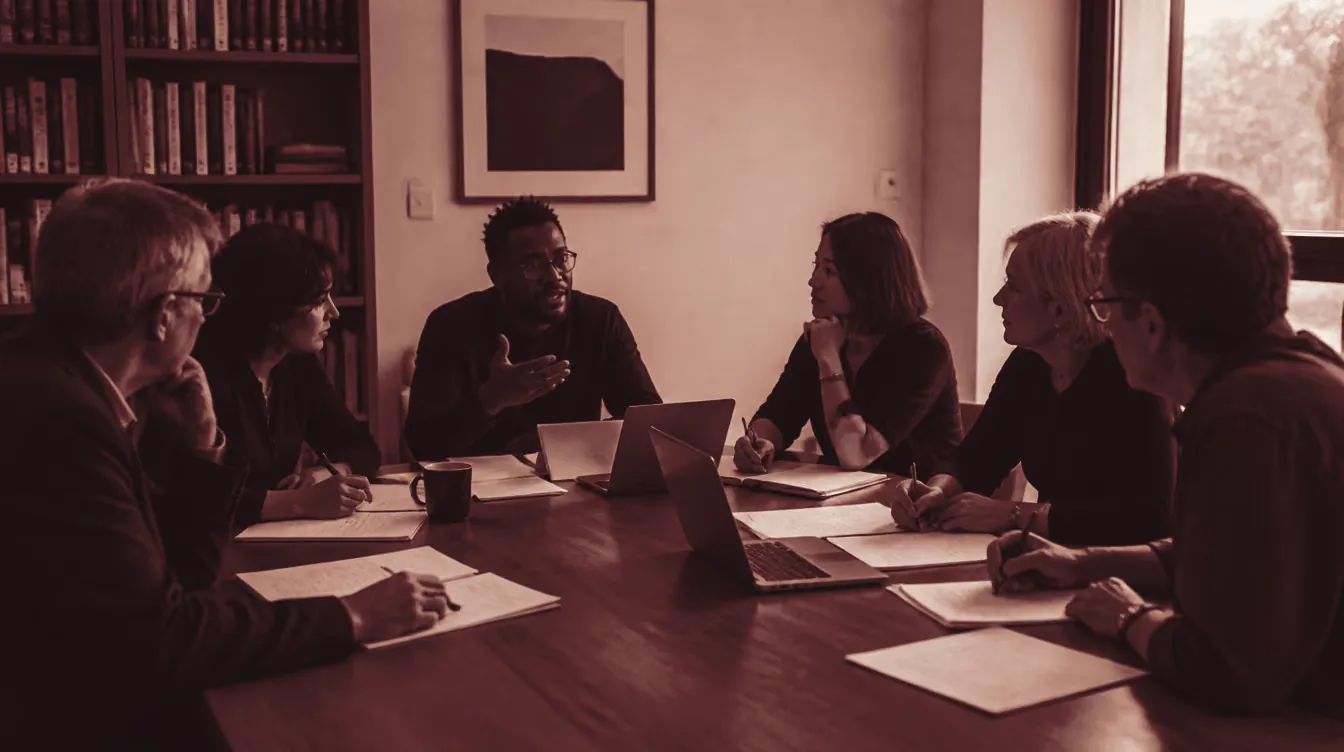 Academics in a seminar-room roundtable discussion