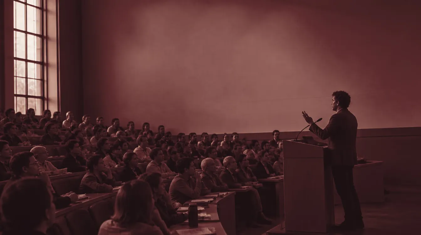 A conference keynote under way in a university lecture theatre