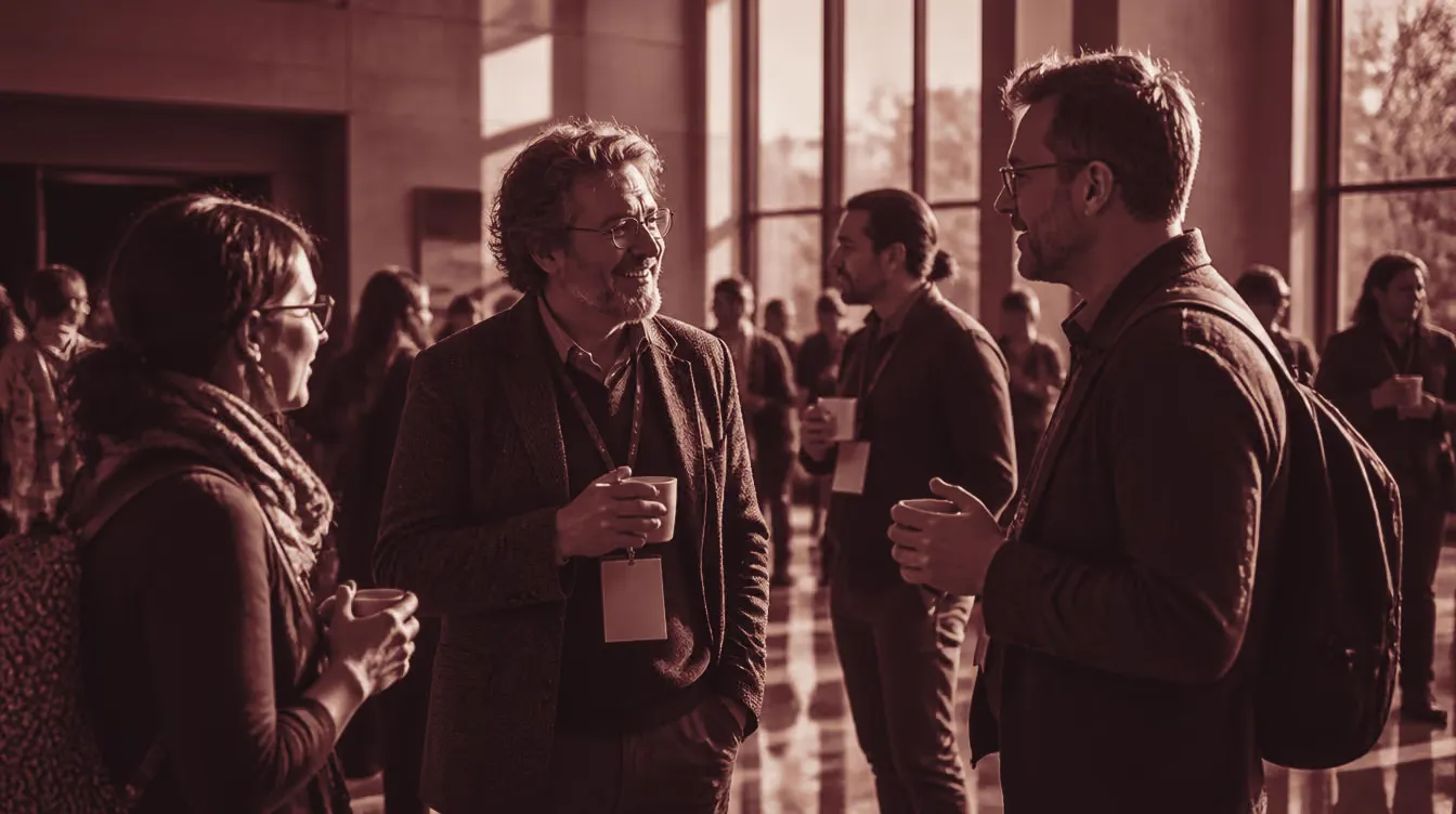 Academics talking over coffee at a conference break