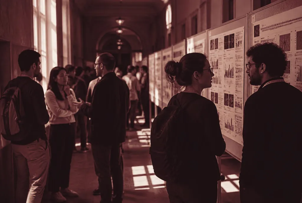 Researchers in discussion at an academic poster session